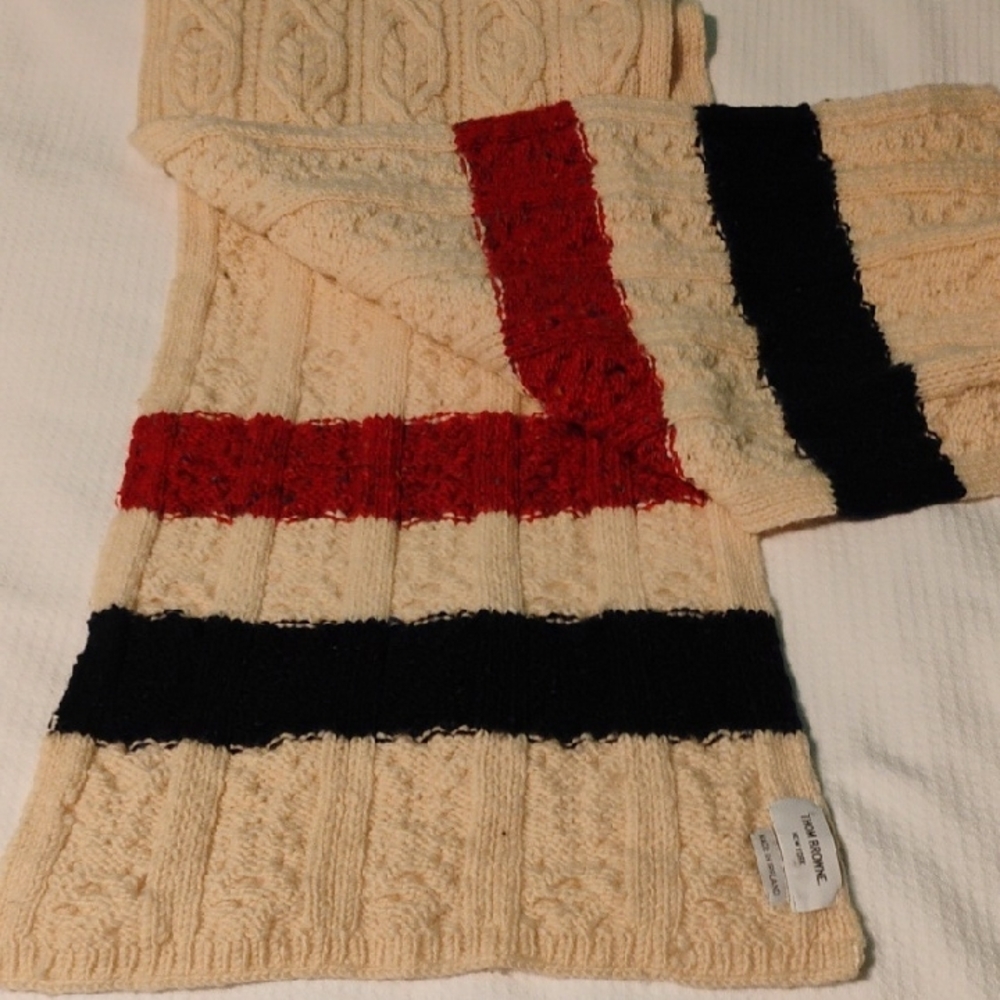 Thom Browne Cream Knit Wool Scarf with Red and Navy Stripes